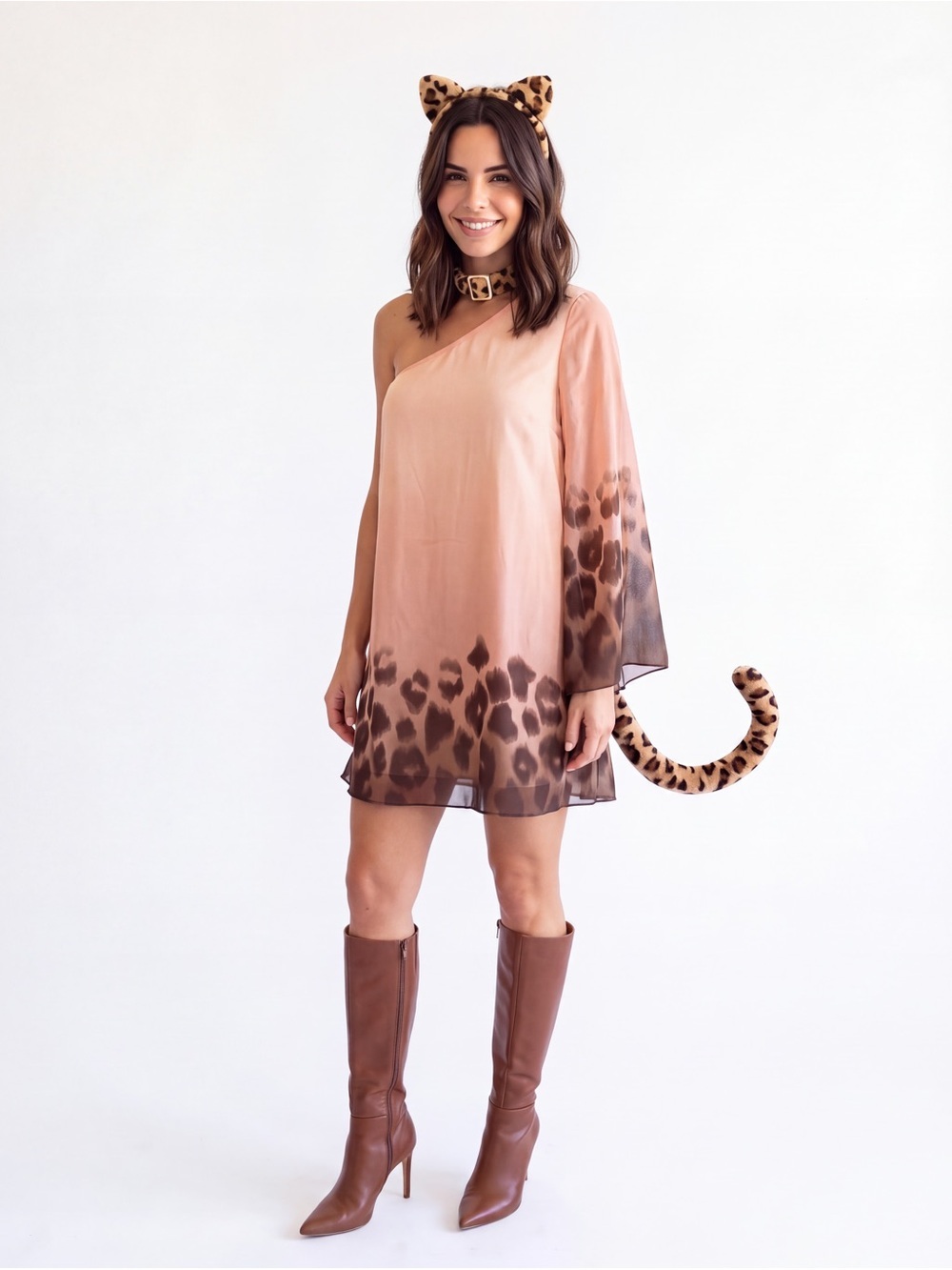 Vintage y2k Leopard Print cheetah Dress ears collar & tail Halloween Cat Costume